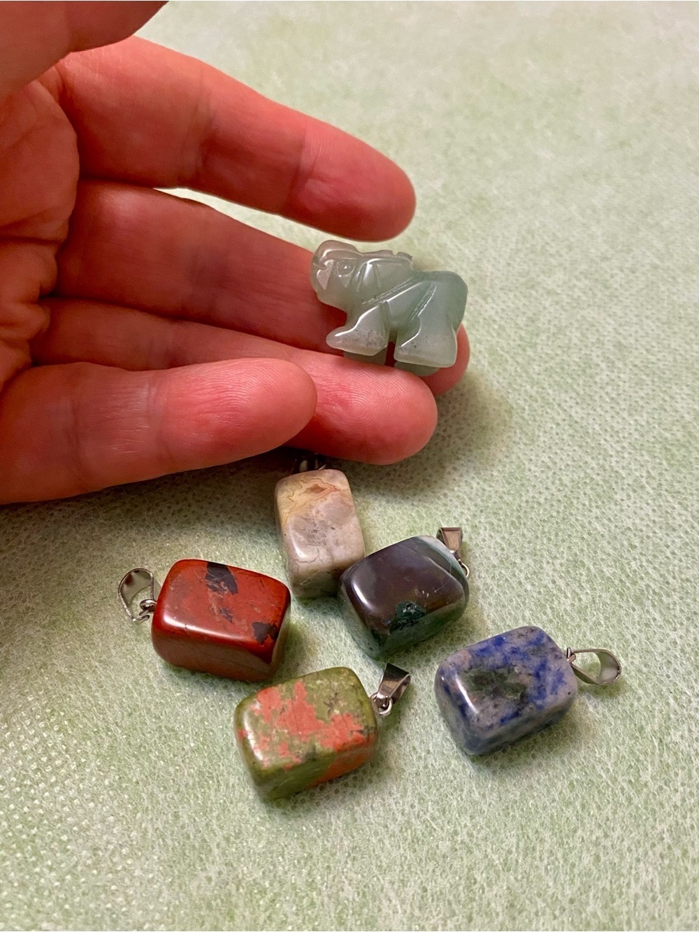 Carved Green Aventurine Elephant Pendant Six Mixed Gemstone Rectangular Pendants